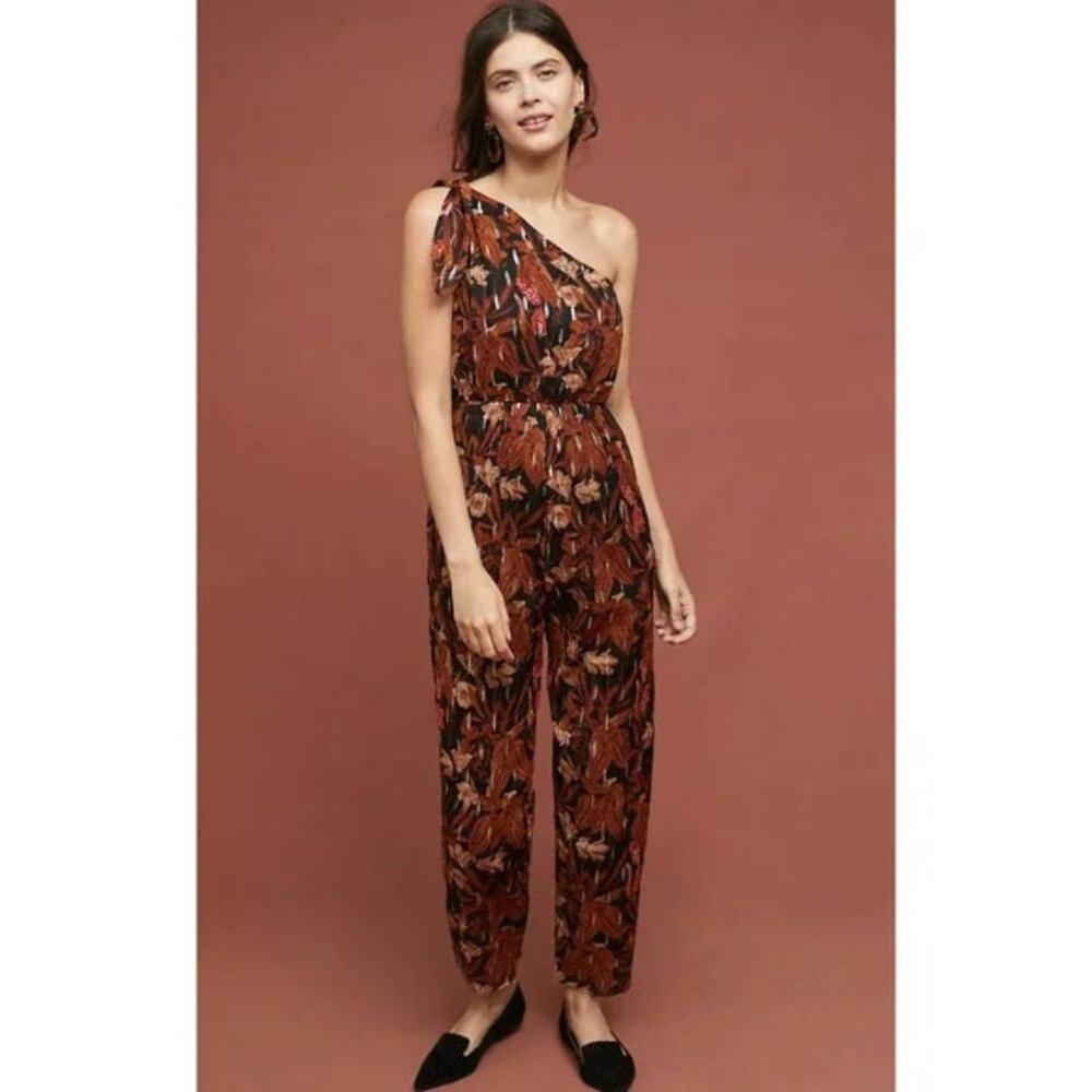 Anthropologie Maeve Jumpsuit SZ 2 Kyoto One Shoulder Metallic Floral